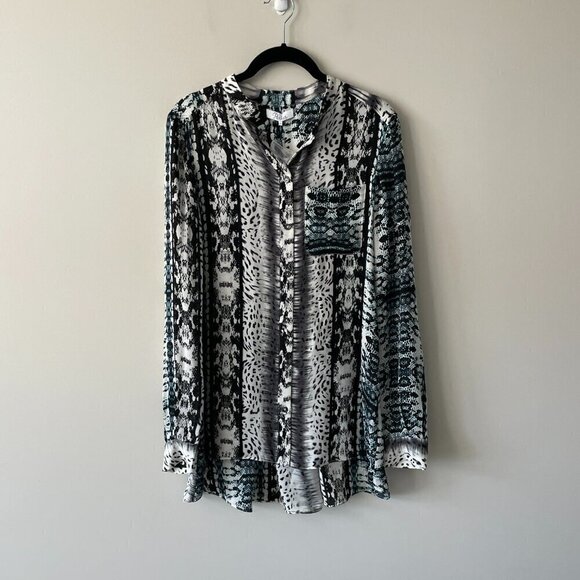 Parker SILK Long Sleeve Patterned Casual Blouse Moccasin Black White Medium NEW - Picture 2 of 12